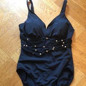 INC Black Bathing Suit with Front Bead Detail 16